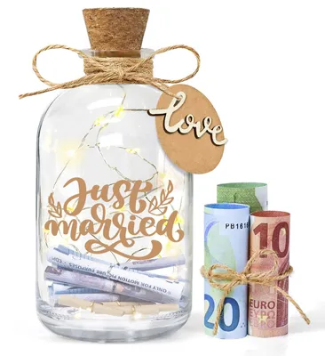 Produktbild von Beleuchtete Hochzeitsflasche, Geschenkverpackung für Hochzeitsgeld, personalisierte Hochzeitsgeldbox, Geldgeschenkflasche für Brautpaar und Frischvermählte (Just Married)