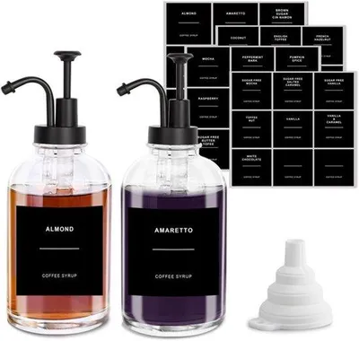 Produktbild von Kaffeesirup-Spender, Glas-Set, schwarz, 500 ml, Sirup-Spender, 2er-Pack, Pumpenspender, Flasche, Honigspender mit 36 wasserdichten Etiketten, Trichter und Pumpe, für die Küche