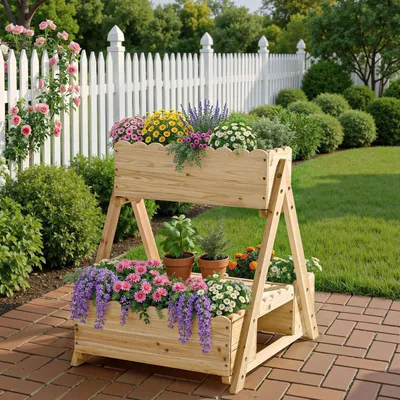 Image de Jardin vertical en bois, 3 niveaux, avec étagère et trous de drainage, dimensions : 58 x 67 x 60 cm, finition naturelle