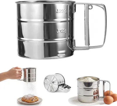 Produktbild von Edelstahl-Sieb - 250 g - Puderzucker-Sieb mit Griff - Feinsieb mit 40 Maschen - Messbecher - Zucker - Kakao