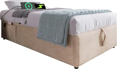 Produktbild von Polsterbett mit USB- C und Vollflächiger Lattenrost Struraumbett Familienbett Einzelbett Leinen Kinderbett 90×190cm Natürlich