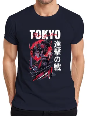 Zdjęcie produktu dla Koszulka męska, motyw: Tokyo Oni Girl, anime, manga, katana, Japonia, styl Y2K, cyberpunk, kolor: granatowy, rozmiar: M