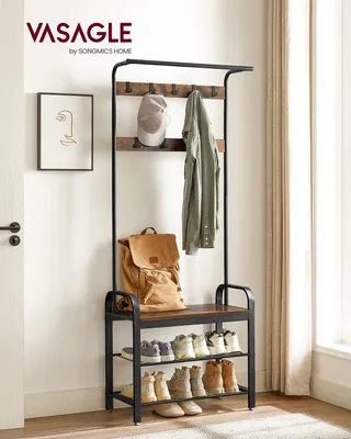 Produktbild von Věšák na chodbu s lavičkou v industriálním stylu, 72 x 33,7 x 183cm, design 4 v 1, hnědá, černá