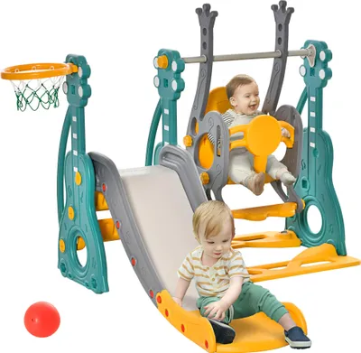 Image de HOMCOM Toboggan et balançoire pour enfants 4 en 1, aire de jeux tout-petits avec panier de basket, toboggan, balançoire, siège réglable en hauteur, pour l'intérieur et l'extérieur, bleu et jaune