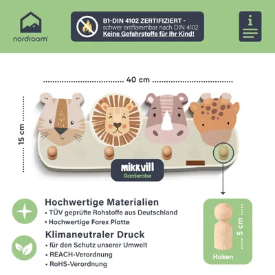 Produktbild von Kindergarderobe, 4 Haken, Tiermotive, Buchenholz, für Kinderzimmer