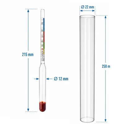 Produktbild von Alkoholmeter 20–98 % Vol. mit Kunststoff-Messzylinder | Alkoholspindel Alkoholmessgerät Alkoholmesser Hydrometer