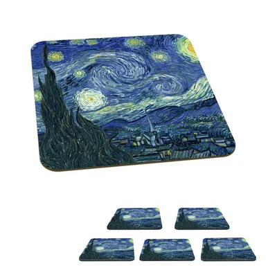 Produktbild von KitchenYeah® Glasuntersetzer Quadratisch 6er Set Sternennacht - Gemälde - Alte Meister - Vincent van Gogh 10x10 cm Untersetzer für Gläser - Getränkeuntersetzer - Tischplattenschutz - Tischuntersetzer