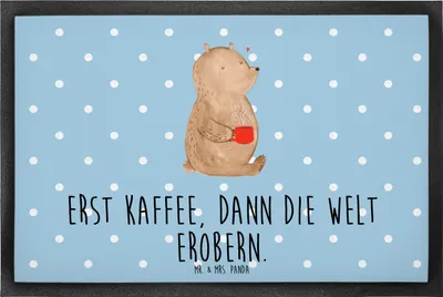 Produktbild von Mr. & Mrs. Panda fußmatte Bär Kaffee 60 x 90 cm - Blau Pastell - Geschenk, Schmutzfangmatte, Bären, teppichmatte, Schmutzmatte, Coffee, Türmatte, Guten Morgen, hausmatte