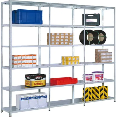 Produktbild von Fachbodenregal ADLER Schraubsystem | Heavy-Duty | Grundregal | HxBxT 300x129x30cm | 7 Ebenen | Fachlast 350kg | Beidseitig nutzbar | Verzinkt