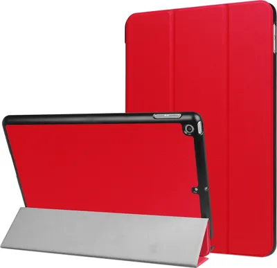 A red iPad case is shown in two orientations against a white background.