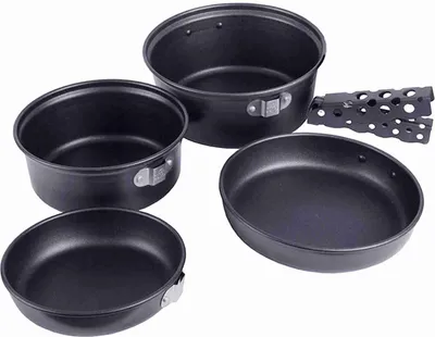 Produktbild von Campinggeschirr-Sets mit beschichteten Töpfen und Pfannen, ideal für Rucksacktouren und Picknicks, ultraleicht und tragbar