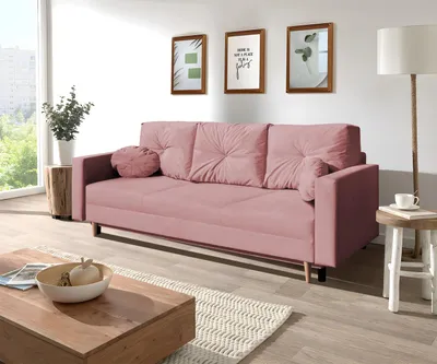 Produktbild von 3-Sitzer Sofa MILAN auf Velours, Schlafsofa mit Bettfunktion und Bettkasten, Sofa, Couch mit Holzbeinen (Stoff: trinity 23 - rosa)