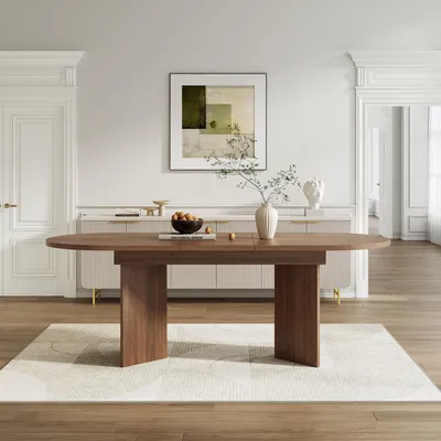 Image de Table extensible pour repas, dimensions 120–160 x 80 cm, plateau de 18 mm d'épaisseur, angles arrondis, en MDF, capacité de charge jusqu'à 60 kg, design épuré en bois de noyer