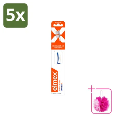 Imagen del producto de 5 cepillos de dientes Elmex InterX, para la prevención de caries, dureza media - Paquete ahorro - 5 unidades