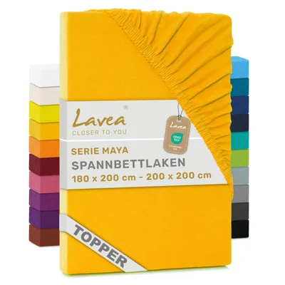 Produktbild von Lavea® Topper Spannbettlaken 180x200 cm - 200x200 cm, Maya 100% Jersey Baumwolle – Weiches Spannbetttuch Topper bis 10 cm- Goldgelb