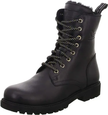 A black leather boot with laces and fur lining.
