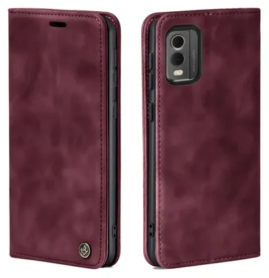 A burgundy flip case for a smartphone is shown from two angles, open and closed.