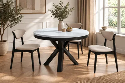 Produktbild von Runder Ausziehbarer Esstisch im Loft-Stil - Industrieller Tisch mit Schwarzen Metallbeinen - Platzsparender Tisch für Wohnzimmer - Weiß - 100 bis 180 cm
