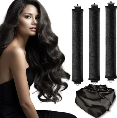 Obrázok produktu pre Sada 3 kusov teplorezistentných kučeravých valčekov z flanelu s protišmykovou čelenkou na nočné styling – pre objemné a zdravé kučery