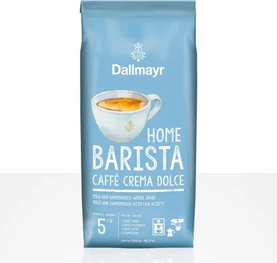 A bag of Dallmayr Home Barista Caffè Crema Dolce coffee beans.