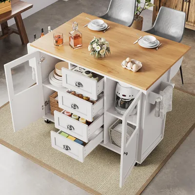 Image de OKWISH Îlot de Cuisine avec Porte-Serviettes et Étagère à Épices, 2 Portes et 4 Tiroirs, MDF/Métal, 137,9x73x92,5 cm - Blanc