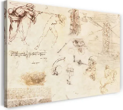 Produktbild von Leinwandbild (100x70cm): Leonardo da Vinci - Verschiedene Zeichnungen, echter Holz-Keilrahmen inkl. Aufhänger, handgefertigt in Deutschland