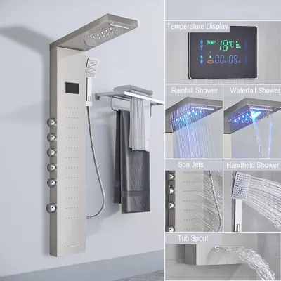 Obrázok produktu pre LED svetelný sprchový kohútik Kúpeľňa SPA Masážny tryskový sprchový systém Vodopádový sprchový panel Bidet Sprayer Tap, kartáčovaný