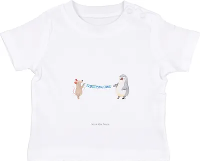 Produktbild von Mr. & Mrs. Panda  T-Shirt Maus Pinguin Geburtstag 6. - 12. Monat - Weiß - Geschenk, Babyshirt, Happy Birthday, Baby Kurzarmshirt, Baumwolle Shirt, Baumwollshirt
