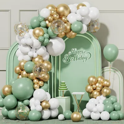Immagine prodotto di Set di ghirlande di palloncini, 100 pezzi, color salvia, oro e bianco, ideali per compleanni, matrimoni e feste per bambini
