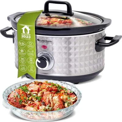 Produktbild von TurboTronic Slowcooker 3,5 Liter Schongarer mit Anbratfunktion & Warmhaltefunktion Langsamkocher Dampfgarer Schmortopf Gartopf Sous Vide Garer Retro Vintage Design Slow Cooker mit retro Rautenmuster