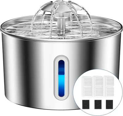 Productafbeelding van Kattenfontein van roestvrij staal - 2,2 liter - superstil - viervoudig filtersysteem - met ledlicht