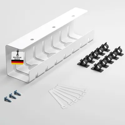 A white cable management channel with various accessories, including screws, cable clips, and ties, arranged on a white background.