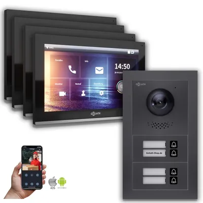 Produktbild von Goliath IP Video Türsprechanlage: 10-Zoll 4 Familienhaus, Smartphone App, Anthrazit : 10 Zoll in Schwarz : Aufputzdose Monitor Auswahl: 10 Zoll in Schwarz Türklingel Montagedose: Aufputzdose