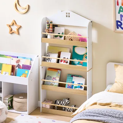 Image de SoBuy Bibliothèque pour enfants, étagère pour enfants, étagère de rangement de jouets avec 4 étagères pour livres et décoration, étagère Montessori, meuble de chambre d'enfant KMB121-WN