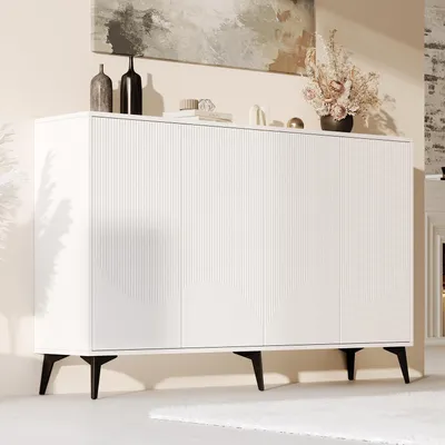 Image de Buffet à 4 portes, 160 cm de large, de couleur blanche. Meuble de rangement avec pieds en métal