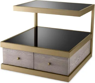 Produktbild von Casa Padrino Luxus Beistelltisch Messing / Grau / Schwarz 70 x 75 x H. 58 cm - Wohnzimmer Beistelltisch mit 2 Schubladen und 2 Glasplatten - Wohnzimmer Möbel - Luxus Möbel - Luxus Einrichtung