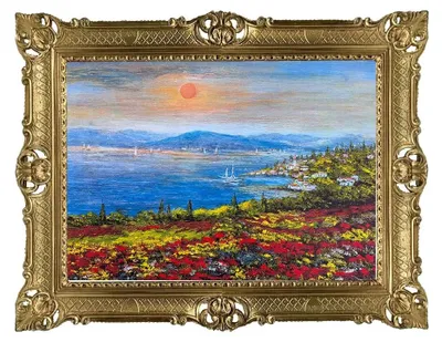 Immagine prodotto di Elzusha - Dipinto mediterraneo, 90x70 cm, con fiori e cornice dorata
