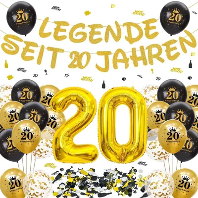 Immagine prodotto di Decorazioni per il 20° compleanno: ghirlanda, palloncini, coriandoli, set di numeri giganti in palloncino, colori nero e oro