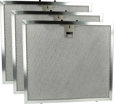 Three metal mesh filters are stacked and angled, showing their front view against a white background.