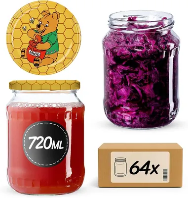Produktbild von KADAX Einmachgläser mit Deckel "Jukka", Marmeladengläser, Einweckgläser, 720 ml, Winnie Puuh, 64 Stück
