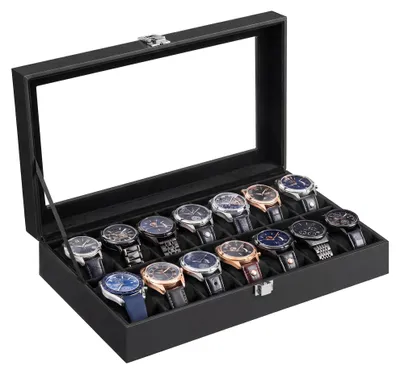Produktbild von SONGMICS Uhrenbox, 14 Fächer, mit Glasdeckel, aus Kunstleder – Schwarz + Schwarz, Größe 14 uhren