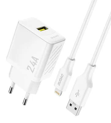 Produktbild von Ładowarka sieciowa Dudao A23LEU 2.4A GaN EU USB-A z kablem USB-A - Lightning - biała