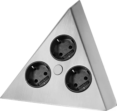 A triangular power strip with three outlets, made of brushed metal.