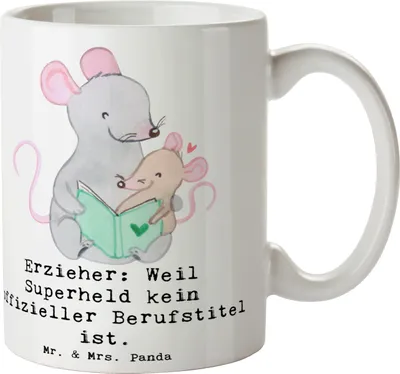 Produktbild von Mr. & Mrs. Panda Kaffeebecher Erzieher Superheld - Weiß - Geschenk, kaffeetasse bedruckt, Berufsprodukte, Keramiktasse, Beruf, Tasse, Hingabe, handgefertigte Geschenke