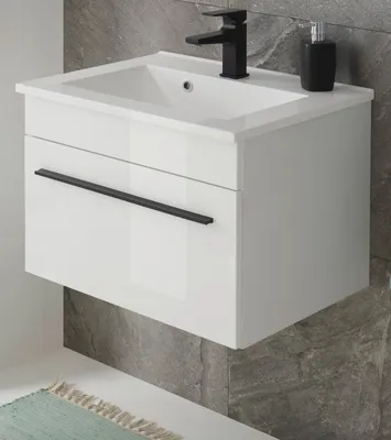 Produktbild von Waschbeckenunterschrank MIT Waschbecken "Design-D" in weiß Hochglanz Waschtisch Set hängend 60 x 44 cm