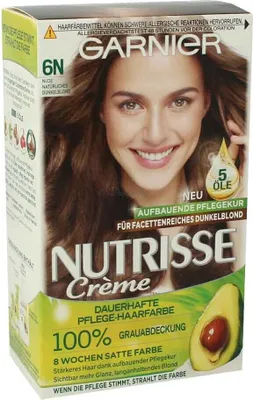 A box of Garnier Nutrisse hair dye, showing the product packaging and a model with the hair color.