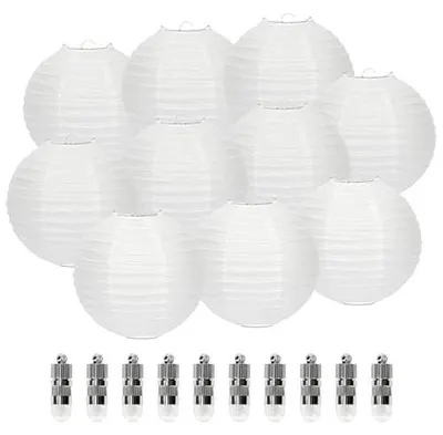 Productafbeelding van Papieren lampionnen - Rond ontwerp met bamboestukken - Decoratie voor tuin en evenementen - Wit, 20 cm, 10 stuks
