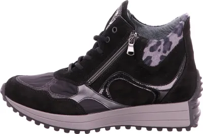 A side view of a black high-top sneaker with a zipper and leopard print detail.