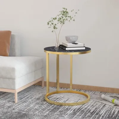 Image de Table d'appoint moderne en verre trempé et en fer, avec étagère