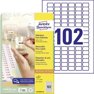 Produktbild von Avery Zweckform L3410REV-25 Preis-Etiketten, A4, 26 x 16 mm, 25 Bogen/2.550 Etiketten, weiß
